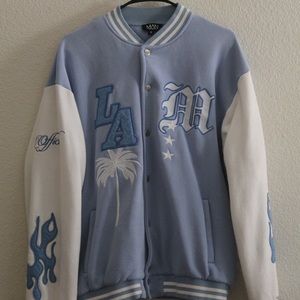 LA BADGE JERSEY VARSITY BOMBER JACKET FROM BOOHOOMAN
